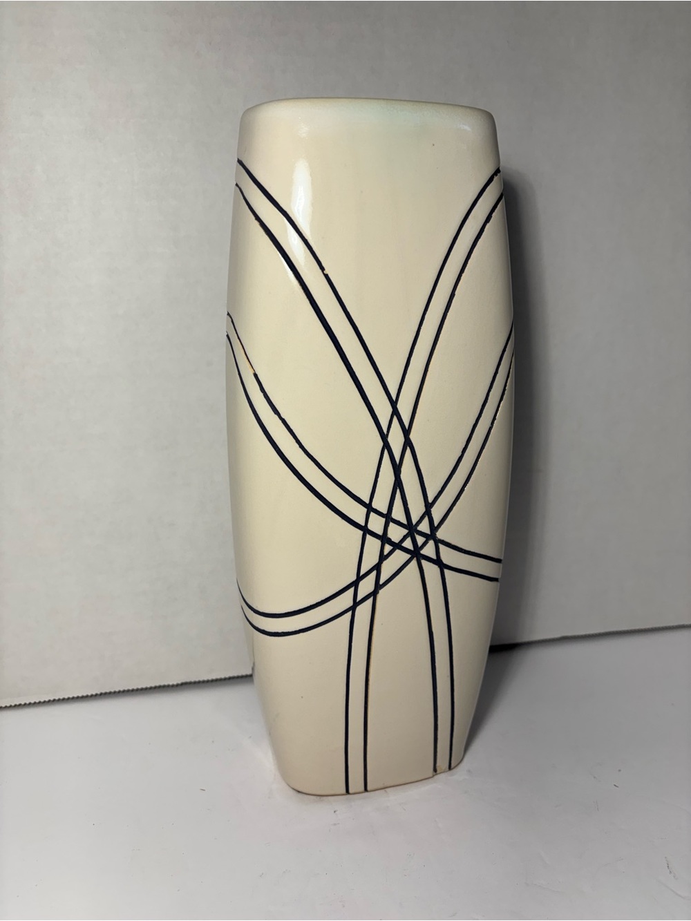Norcal Creamy White Black Geometric Lines Ceramic 10” Vase Modern Home Accent - Picture 6 of 9